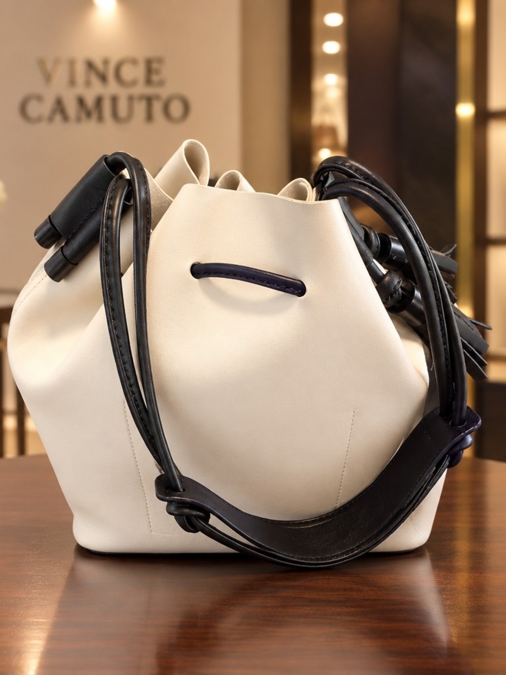 VINCE CAMUTO LORIN - TASSEL-HANDLE DRAWSTRING BAG IVORY WITH DUST BAG NEW
